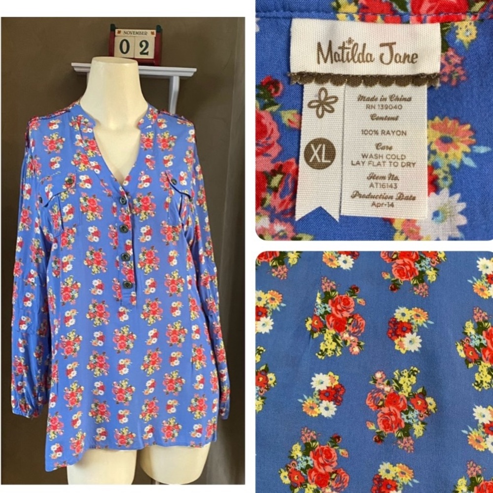 MATILDA JANE Women's Secret Fields Blue Finley Top Floral Ruffle Tunic Size XL